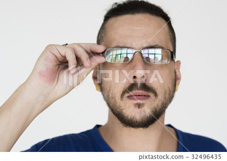 Man Thinking Hand Touch Eyeglasses 32496435
