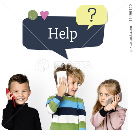 Kids using digital devices with speech bubble customer support Kids using digital devices with speech bubble customer support 32496500