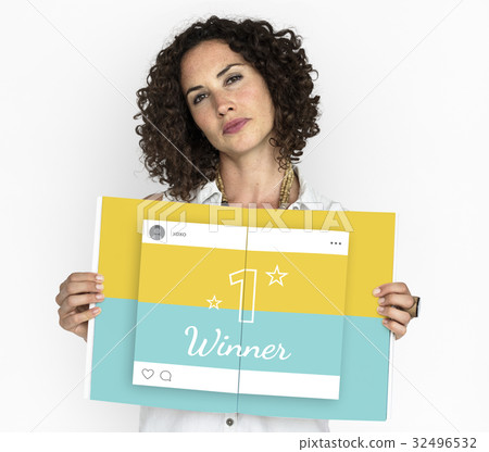 Woman holding billboard network graphic overlay 32496532