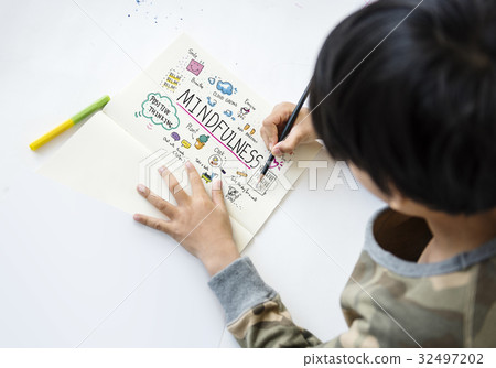 Happiness boy has mindfulness leisure activity drawing Happiness boy has mindfulness leisure activity drawing 32497202