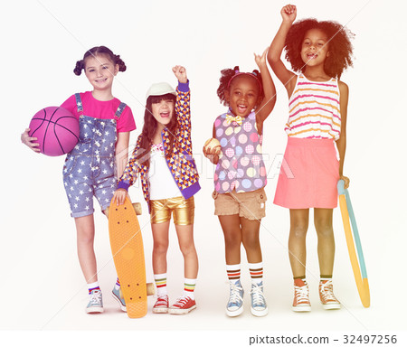 Children Girlfriends Smiling Happiness Friendship Togetherness Studio Portrait 32497256