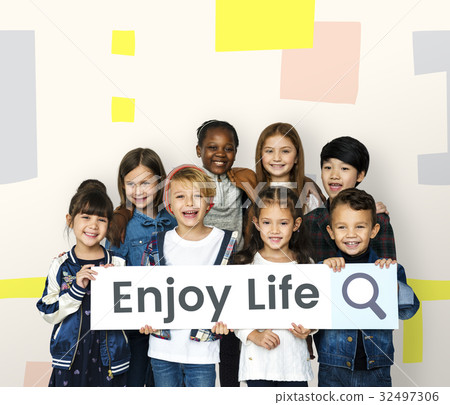 Children with searching banner for positivity and enjoy life Children with searching banner for positivity and enjoy life 32497306
