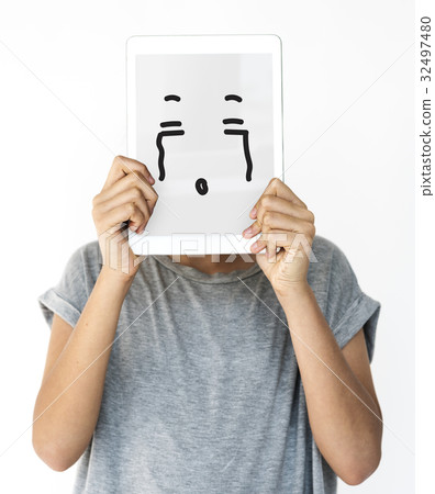 Illustration of awful sadness face on banner 32497480