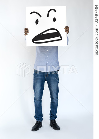 Illustration of agressive madness face on banner 32497484