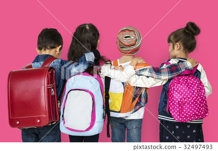 Rear view group of diverse kids wearing backpack 32497493