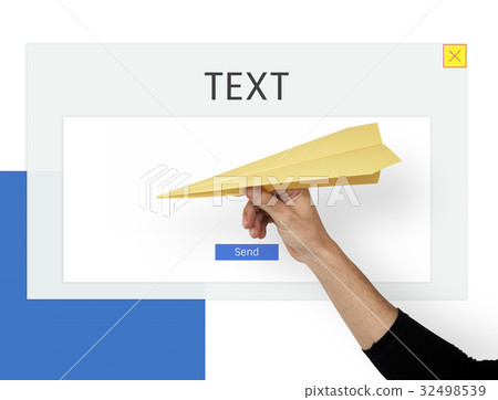 Hand with paper plane and the word about commiunication social Hand with paper plane and the word about commiunication social 32498539