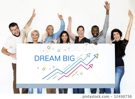 People holding network graphic overlay billboard together People holding network graphic overlay billboard together 32498736