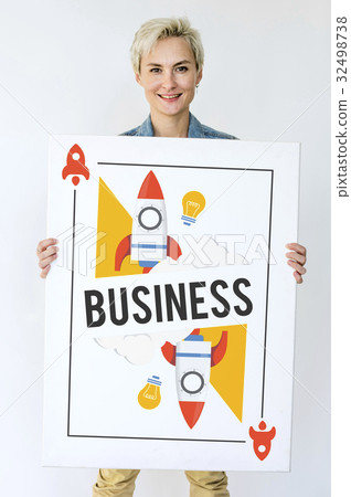 Woman holding billboard network graphic overlay Woman holding billboard network graphic overlay 32498738