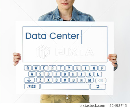 Woman holding banner with keyboard graphic and word Woman holding banner with keyboard graphic and word 32498743