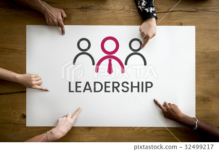 Group of hands pointing at banner of leadership business organization graphic 32499217