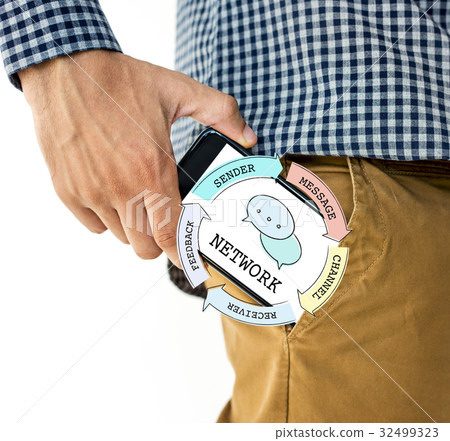 Hand holding network graphic overlay digital device in trouser pocket Hand holding network graphic overlay digital device in trouser pocket 32499323