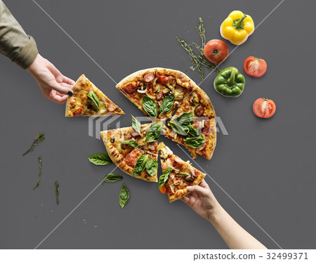 Hands taking slices of italian cuisine pizza Hands taking slices of italian cuisine pizza 32499371