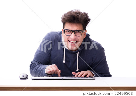 Funny nerd man working on computer isolated on Funny nerd man working on computer isolated on 32499508
