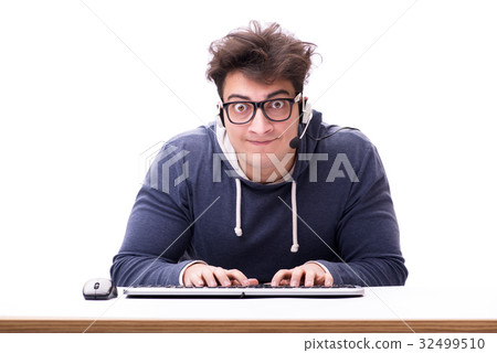 Funny nerd man working on computer isolated on Funny nerd man working on computer isolated on 32499510