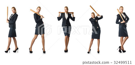 Businesswoman with baseball bat on white Businesswoman with baseball bat on white 32499511
