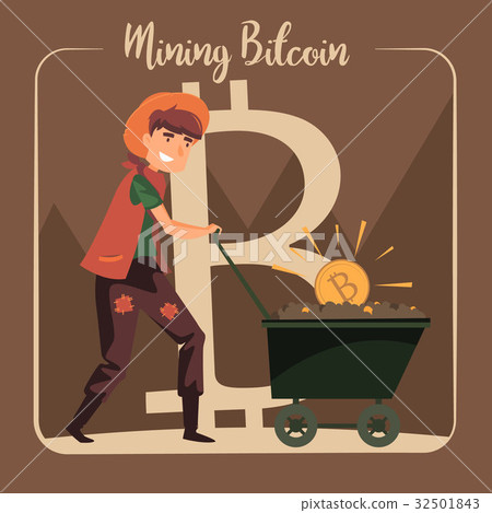 Bitcoin mining concept with pickaxe, young man 32501843