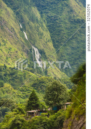 Waterfalls in Annapurna Range Himalaya mountains. 32502074