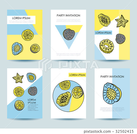 Cards with tropical fruits in memphis style Cards with tropical fruits in memphis style 32502415