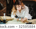 funny woman looking through a magnifying glass to 32505884