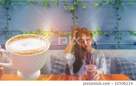 young lady, teenage girl drink the cool coffee in young lady, teenage girl drink the cool coffee in 32506214