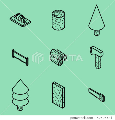 lumberjack flat outline isometric set 32506381