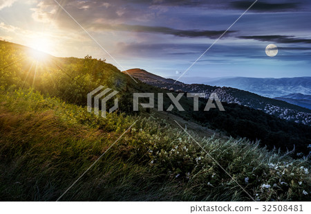 time change concept over grassy meadow on hillside time change concept over grassy meadow on hillside 32508481