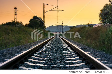 Vintage empty railroad at sunset time 32509129