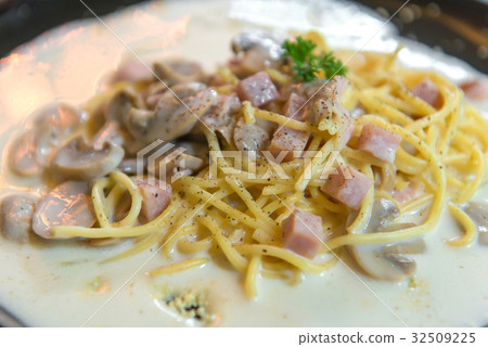spaghetti with Mushroom sauce on black dish spaghetti with Mushroom sauce on black dish 32509225