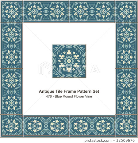 Antique tile frame pattern Blue Round Flower Vine Antique tile frame pattern Blue Round Flower Vine 32509676