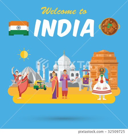 Flat design, Indian's icons and landmarks, vector 32509725