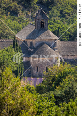 Lavender fields with old monastery in Provence, FR Lavender fields with old monastery in Provence, FR 32513046
