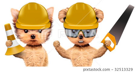 Funny dogs in hard hat with cone and saw 32513329