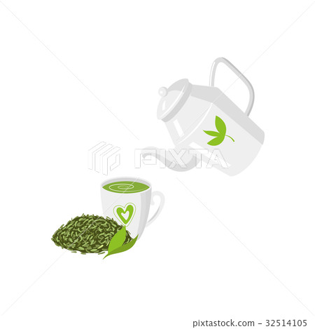 Vector teapot , mug of green tea and leaf tea set 32514105