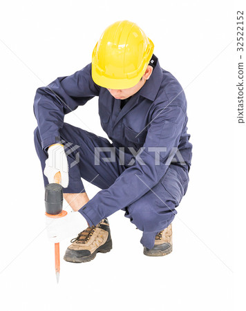 Man hold hammer and cold chisel on white Man hold hammer and cold chisel on white 32522152