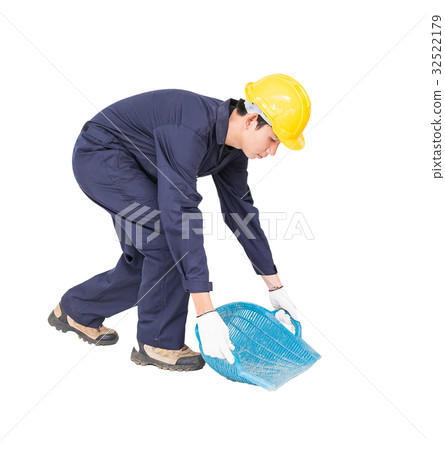 Young worker hold Hod or clam-shell shaped basket 32522179