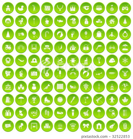 100 happy childhood icons set green circle 32522853