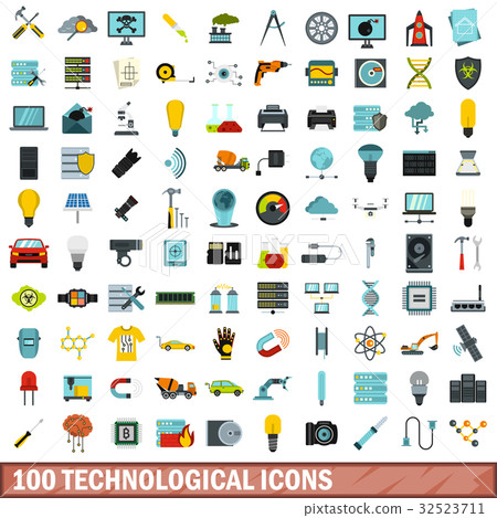 100 technological icons set, flat style 32523711