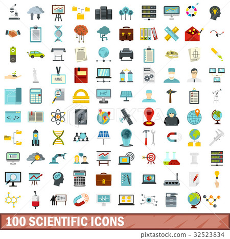 100 scientific icons set, flat style 32523834