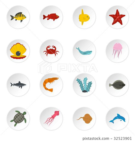 Sea animals icons set in flat style Sea animals icons set in flat style 32523901