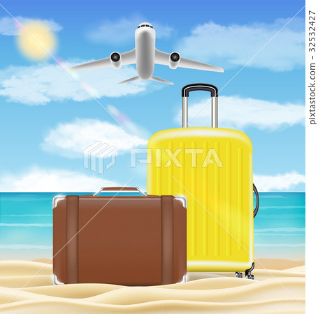 suitcase and travel bag on sea beach background suitcase and travel bag on sea beach background 32532427