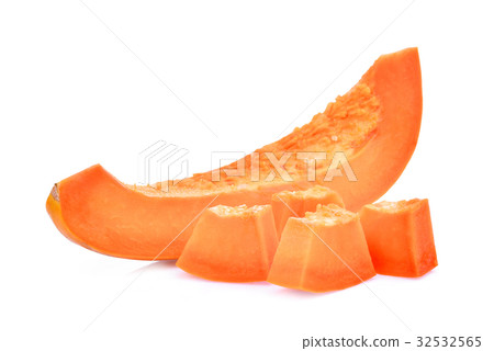sliced of ripe papaya with seeds isolated on white 32532565