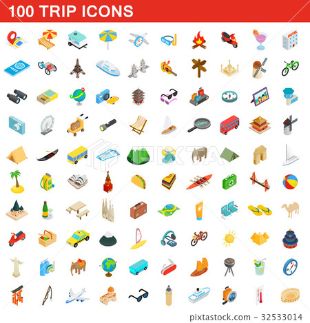 100 trip icons set, isometric 3d style 32533014