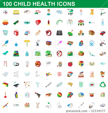 100 child health icons set, cartoon style - Stock Illustration ...