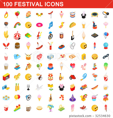 100 festival icons set, isometric 3d style 32534630