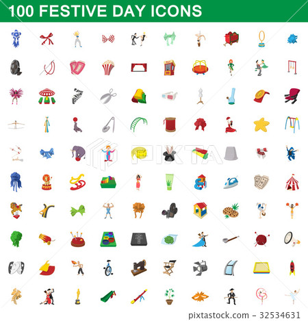 100 festive day icons set, cartoon style 100 festive day icons set, cartoon style 32534631