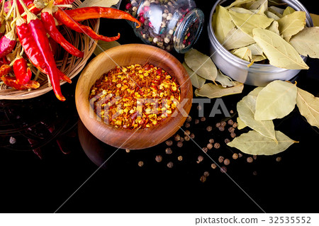 Spices and herbs, bay leaf, black pepper and Spices and herbs, bay leaf, black pepper and 32535552