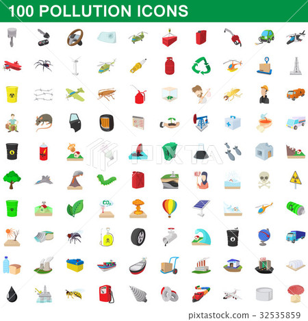 100 pollution icons set, cartoon style 32535859