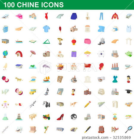 100 chine icons set, cartoon style 32535869