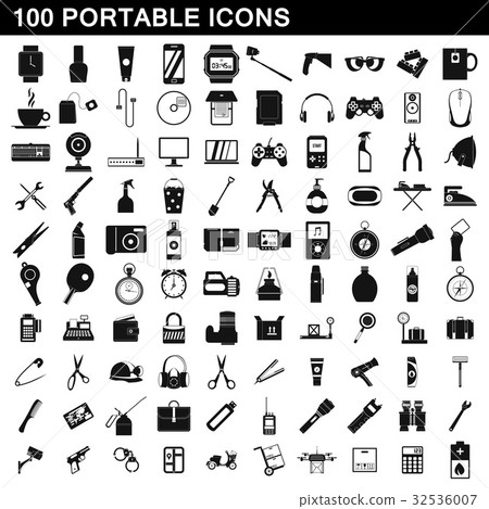 100 portable icons set, simple style 32536007