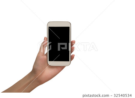 Woman hand holding smart phone isolated Woman hand holding smart phone isolated 32540534